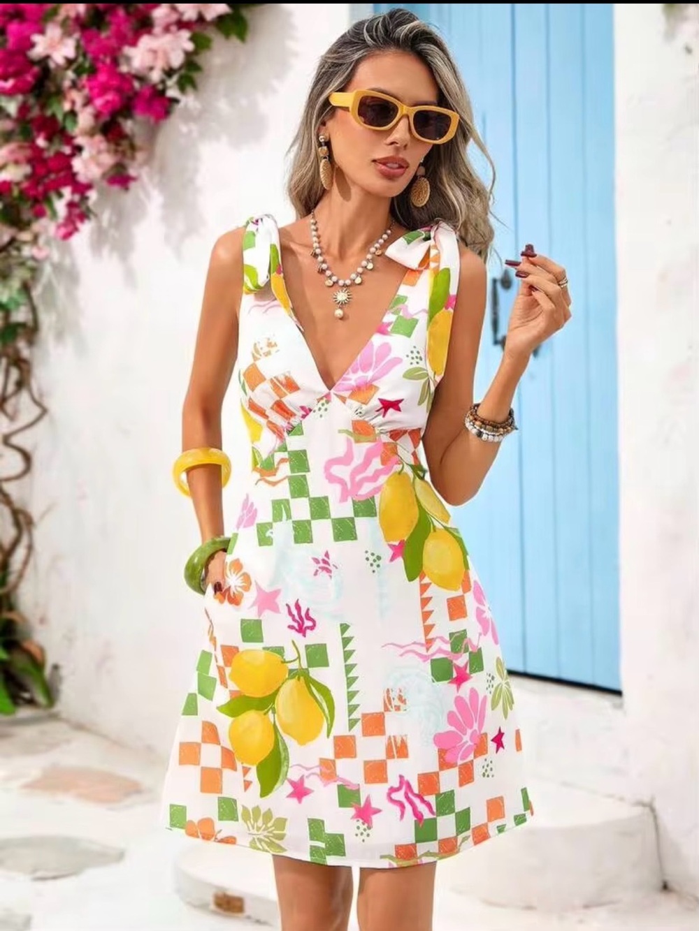 NWOT SHEIN Colorful Lemon Floral Tie Shoulder Midi Dress Size M 6